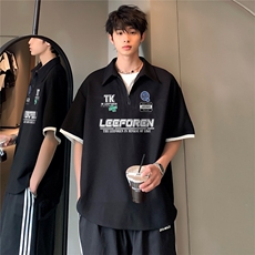假两件翻领POLO衫宽松舒适男女同款潮牌大码POLO衫短袖T恤T82-p38，男装T恤，电商C307