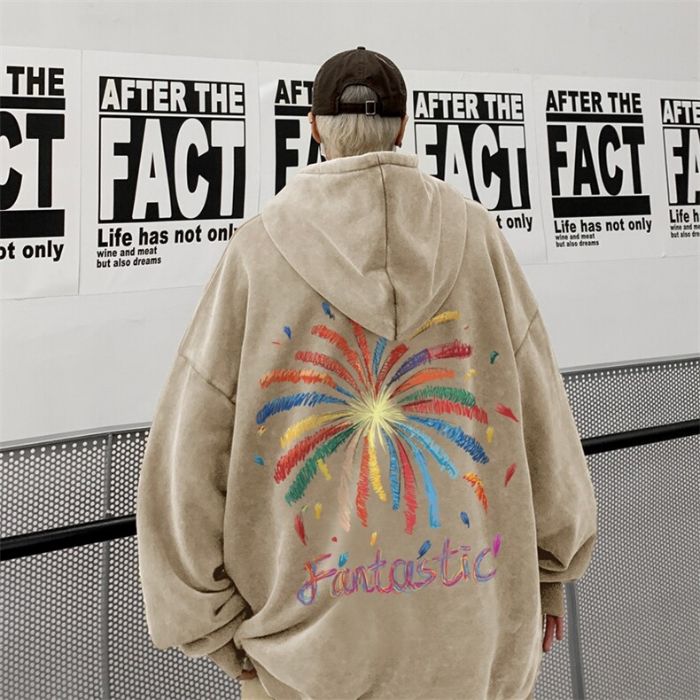 水洗做旧纯棉连帽卫衣男秋季潮牌嘻哈涂鸦宽松痞帅青少年上衣外套，男装卫衣，星座517A-2