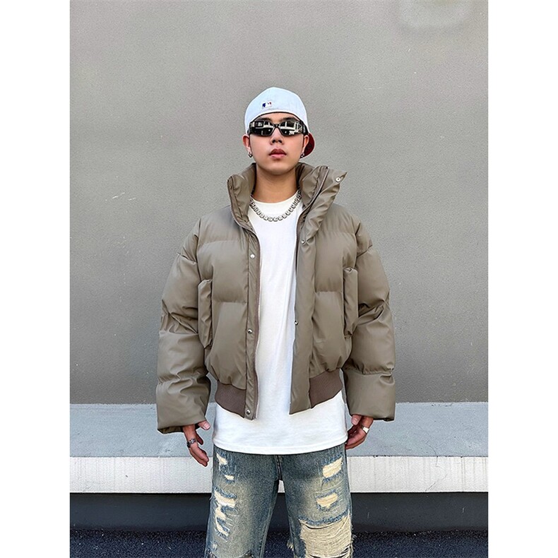 现货5W件冬季三防重磅硬挺boxy短款羽绒立领PU皮棉衣外套加厚棉服,男装棉衣,电商A486
