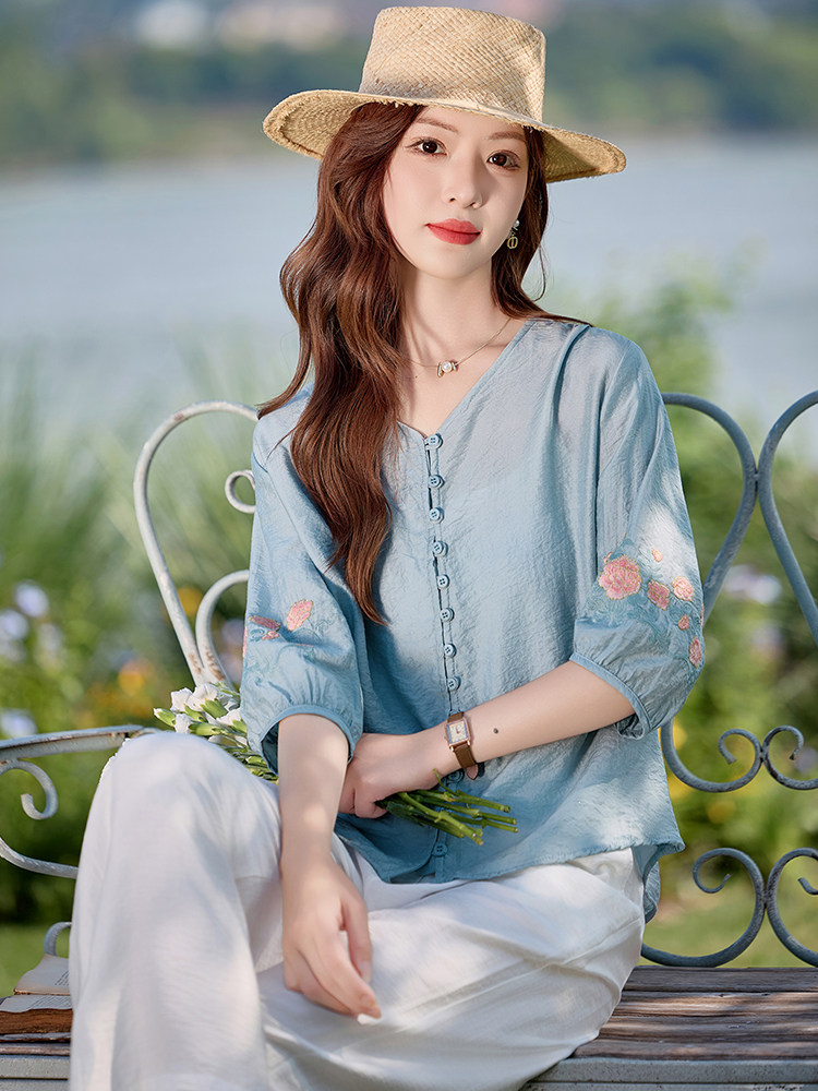独特漂亮苎麻夏季2025新款宽松刺绣天丝衬衫棉麻裤妈妈,女装大码女装,木橙西子