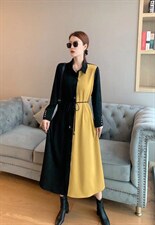 【现货】【】系带收腰拼色撞色中长款连衣裙，女装连衣裙，名门秀