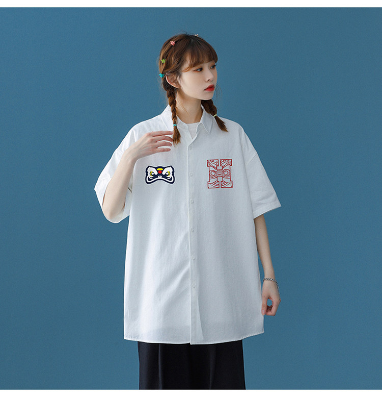 中性风2024夏季新品印花宽松翻领短袖衬衣衬衫CS105P35控58,女装衬衫,A247A