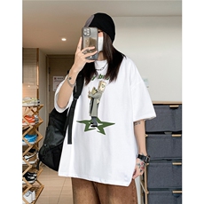 中性潮牌设计小众宽松圆领人像印花短袖T恤女宽松上衣H838P30，男装T恤，电商A341