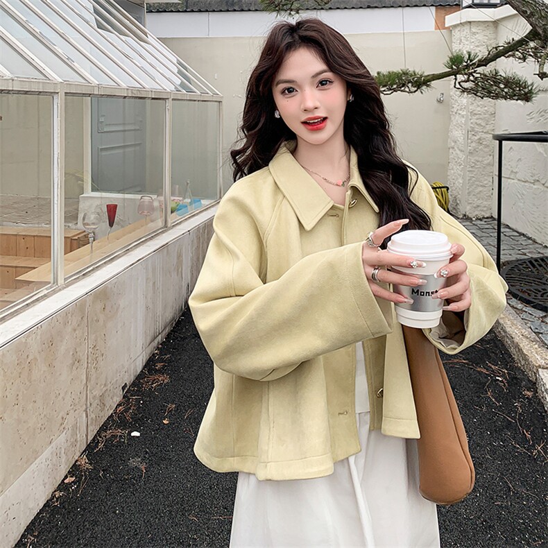 温柔风黄色麂皮绒外套女2025春秋新款高级感简约小个子超好看上衣,女装短外套,浙宝276（原081）