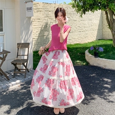 玫粉色短袖撞色碎花半身裙两件套女2025夏季新款休闲显瘦时尚套装，女装套装/套裙，2C159