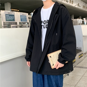JK3010/P55春装现货港风宽松连帽学生夹克男女纯色大码外套男上衣图片