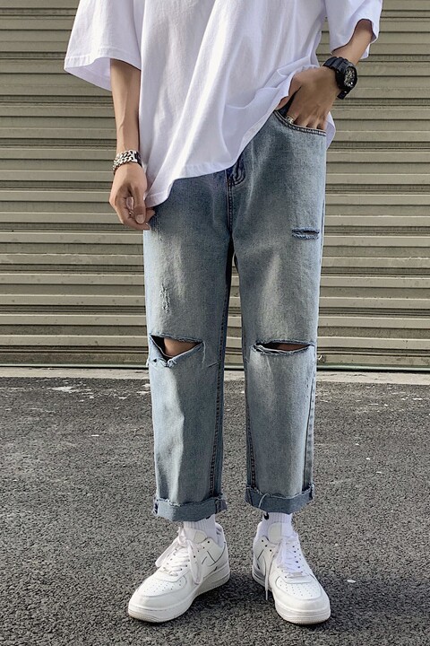 20夏季新款韩版破洞牛仔裤九分裤韩版割烂男裤港风KZ11,男装牛仔裤,星座1008