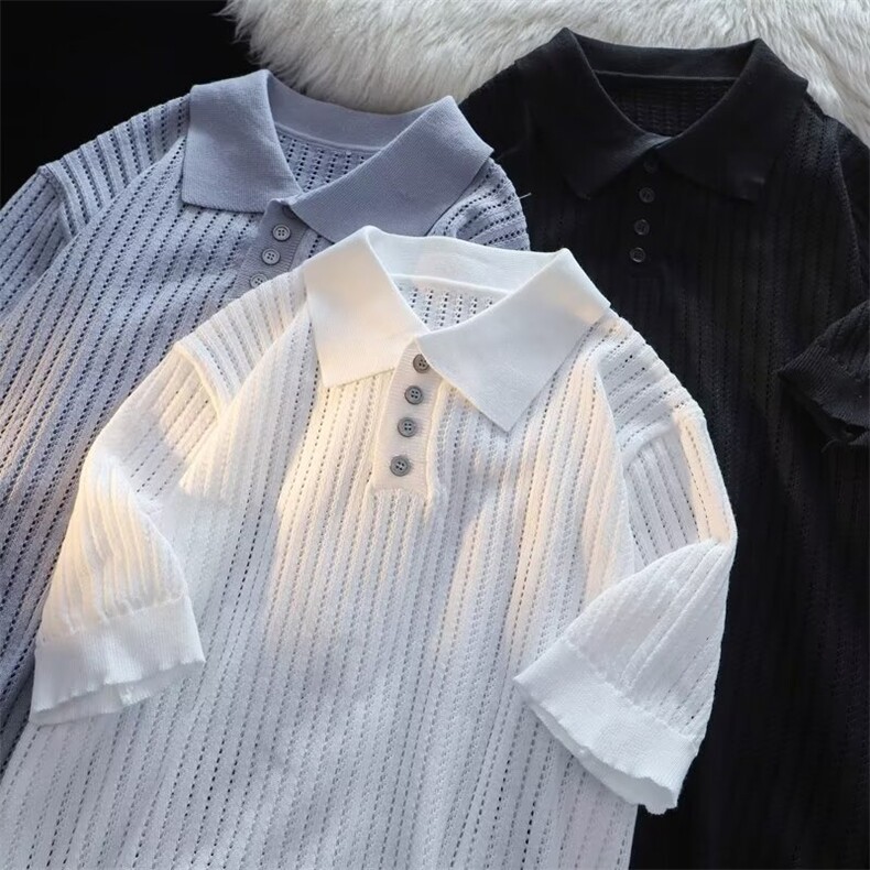 针织凉感短袖Polo衫男士新款夏季韩版宽松纯色镂空翻领T恤衫，男装Polo衫，星座1013