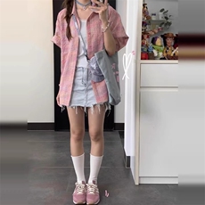 彩色格纹短袖衬衫女夏季宽松休闲设计感古巴领情侣泡泡纱格子衬衣，男装T恤，星座506A