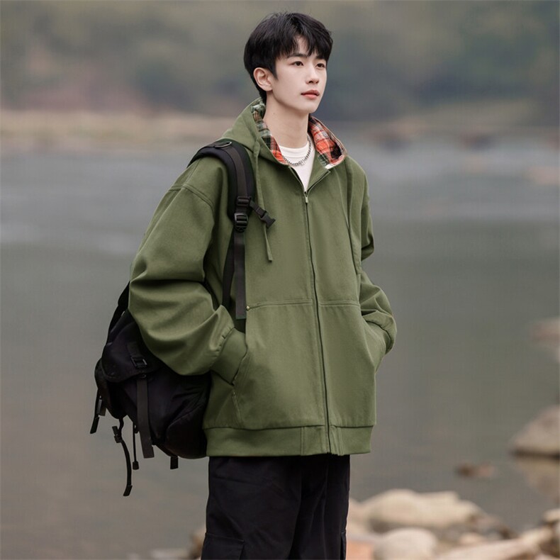 wassuphappy美式格子连帽夹克男春秋季2025新款潮牌复古休闲外套,男装夹克,电商A157B