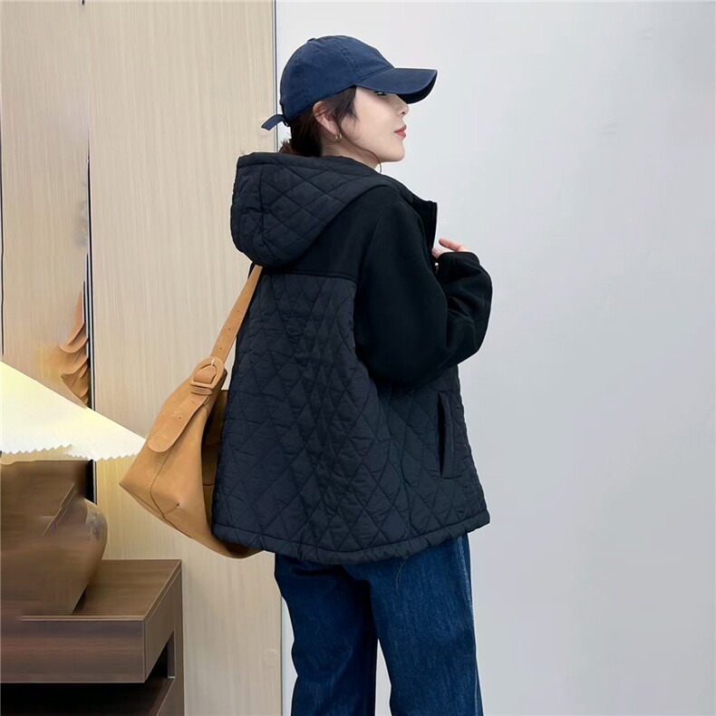 2025冬装新款修身保暖时尚菱形格个性拼接女士棉服外套,女装棉衣/棉服,江忆布依