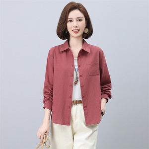 纯棉衬衫女春秋新款中老年妈妈大码宽松休闲全棉外穿长袖上衣图片