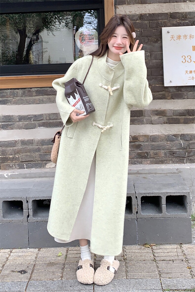 高级小众韩系chic绿色立领毛呢外套女秋冬2025年超火好看长款大衣,女装毛呢外套,红龙果