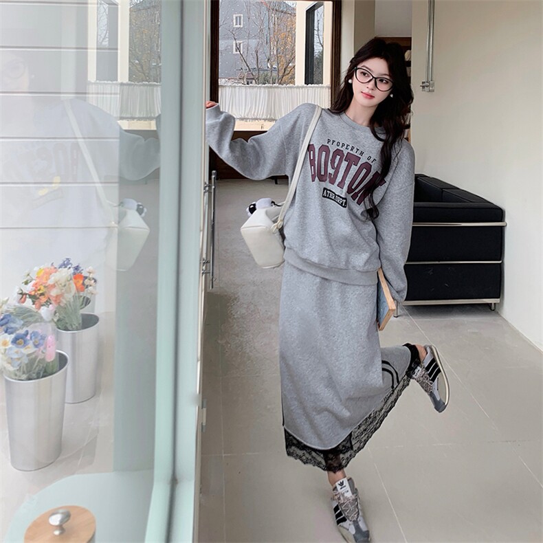 慵懒风灰色卫衣套装裙女2025春季新款设计感蕾丝拼接半身裙两件套,女装套装/套裙,浙宝103（原192）