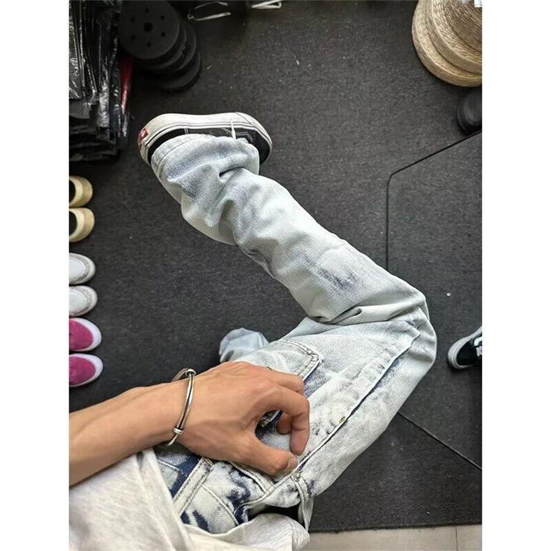 CP1222-P44复古高街水洗雪花白晕染个性扎染牛仔裤男宽松直筒裤，男装牛仔裤，电商B323A