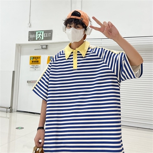 美式复古条纹polo衫有领T恤男士夏季翻领蓝白五分袖短袖PL056-P32