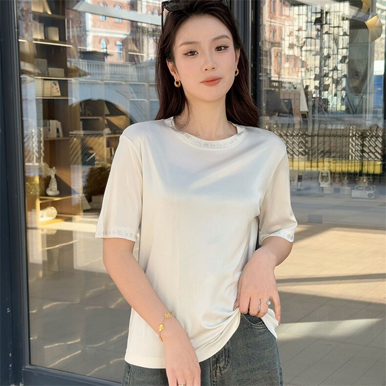 2025年秋季常规不连帽短袖修身型纯色日常短袖,女装T恤,新胜羊绒