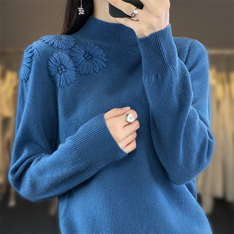 2024新款女装手工绣花半高领羊毛毛衣,女装羊毛衫,北娇羊绒