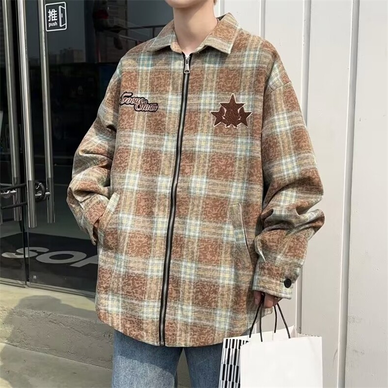 美式刺绣格子衬衫外套男秋季拉链复古氛围感夹克设计感CS901/P58,男装夹克,星座506