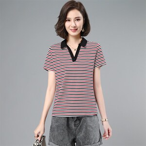刺绣polo衫短袖t恤女士夏季2026年新款大码宽松翻领条纹半袖上衣图片