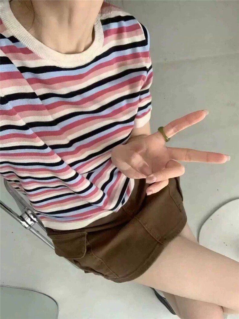 条纹撞色精纺羊毛宽松显瘦圆领短袖,女装T恤,艾米娇羊绒