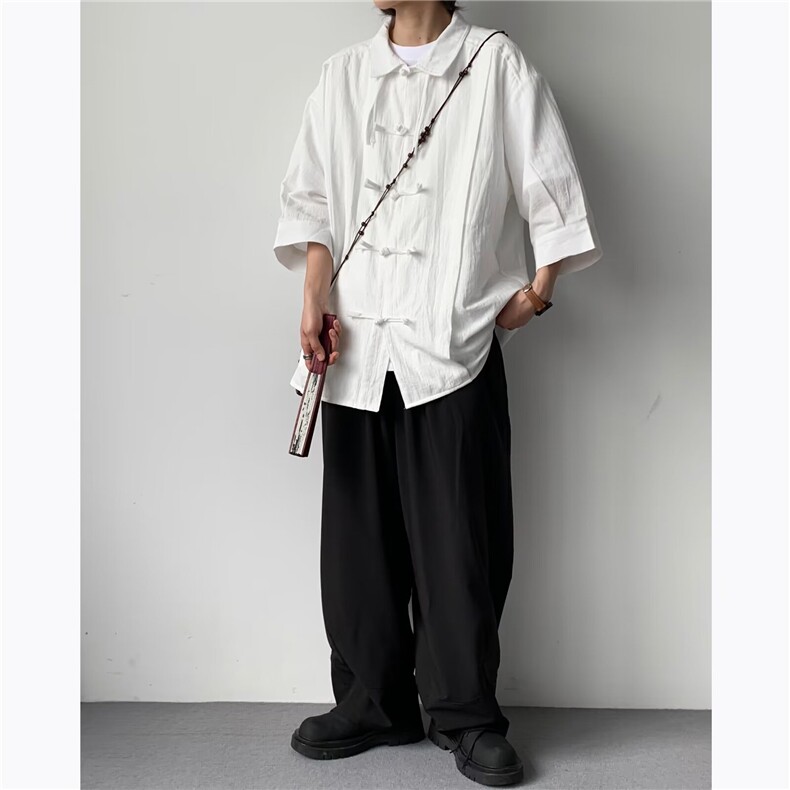 风盘扣长袖衬衫男春秋设计感大码唐装衬衣高级感汉服道袍,男装衬衫,星座716-2