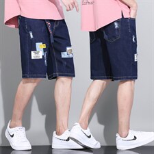 2025夏款休闲弹松紧抽绳男士牛仔中裤大码9707P55模特图，男装休闲裤，星座1106