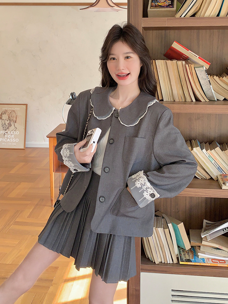 灰色娃娃领西装套装裙女2025春季新款韩系学院风减龄百褶裙两件套,女装套装/套裙,浙宝103（原192）