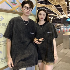 220克水洗做旧短袖T恤棉M-3XL情侣男女V1宽松圆领半袖潮团队，男装T恤，星座115A-3