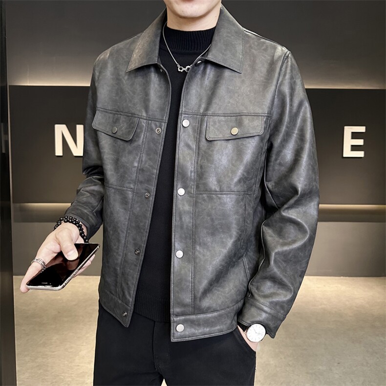 秋季男士皮夹克简约高端翻领皮衣修身机车服P6727-P155,男装夹克,电商A237