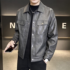 秋季男士皮夹克简约高端翻领皮衣修身机车服P6727-P155，男装夹克，电商A237