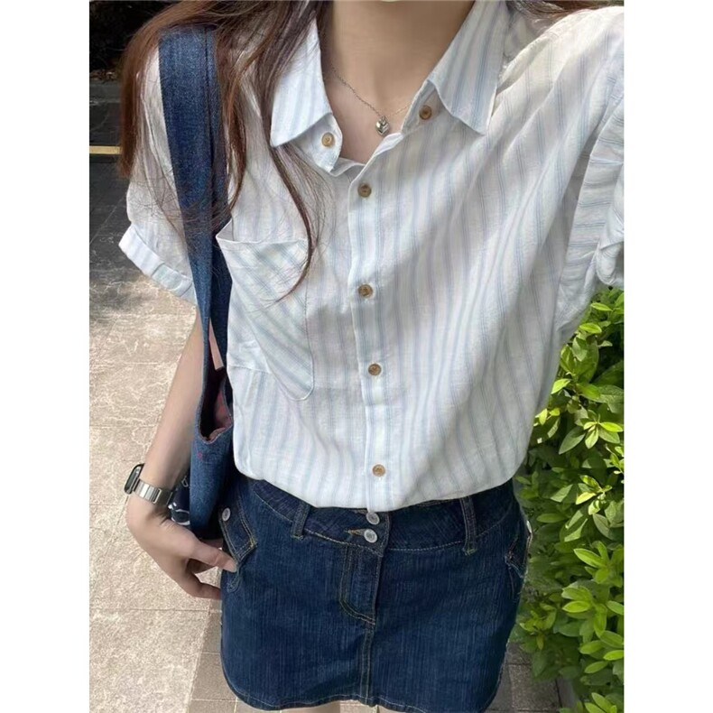 韩系小个子polo领蓝色条纹短袖衬衫女夏季温柔风百搭独特短款上衣,男装衬衫,星座1210-1