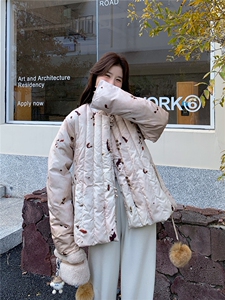 新中式轻熟风晕染碎花真毛领羽绒服女2025冬季系带收腰白鸭绒外套图片