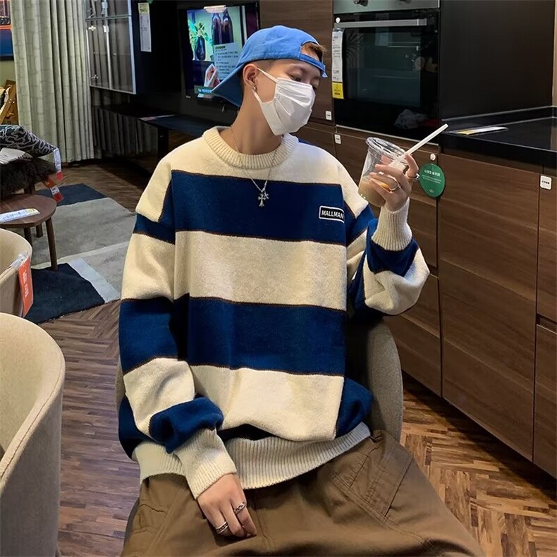 B276-P45条纹撞色毛衣男秋冬季新款日系复古慵懒宽松休闲针织衫,男装针织衫/毛衣,星座512-6