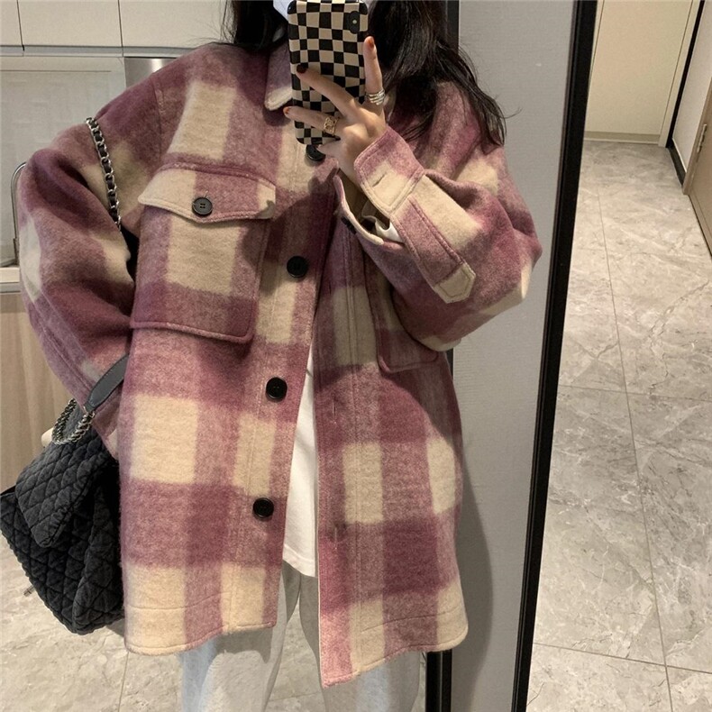 衬衫式毛呢格子外套，女装衬衫，XTZ style