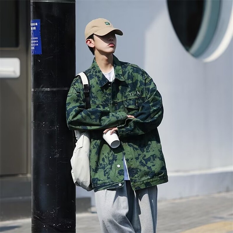 春夏军绿迷彩牛仔外套宽松刺绣高街夹克ina港风情侣装WT2205p68,男装夹克,星座1013