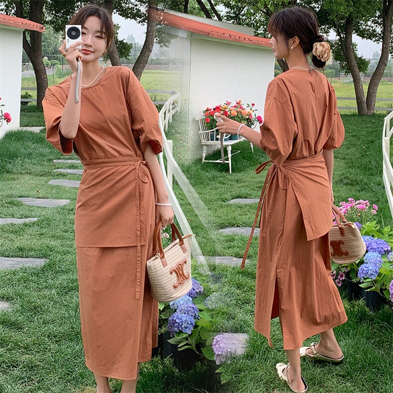 橘色轻熟风法式束腰衬衫连衣裙女夏2025新款高级感简约风开叉长裙,女装连衣裙,天使之佳话