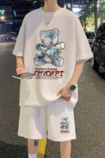 ！直播推荐2024夏季男士小熊印花华夫格短袖套装HTZ21P50，男装T恤，电商B220