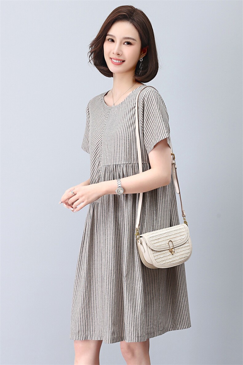拼接条纹连衣裙女夏季2025年新款中老年妈妈时尚休闲,女装连衣裙,1D073