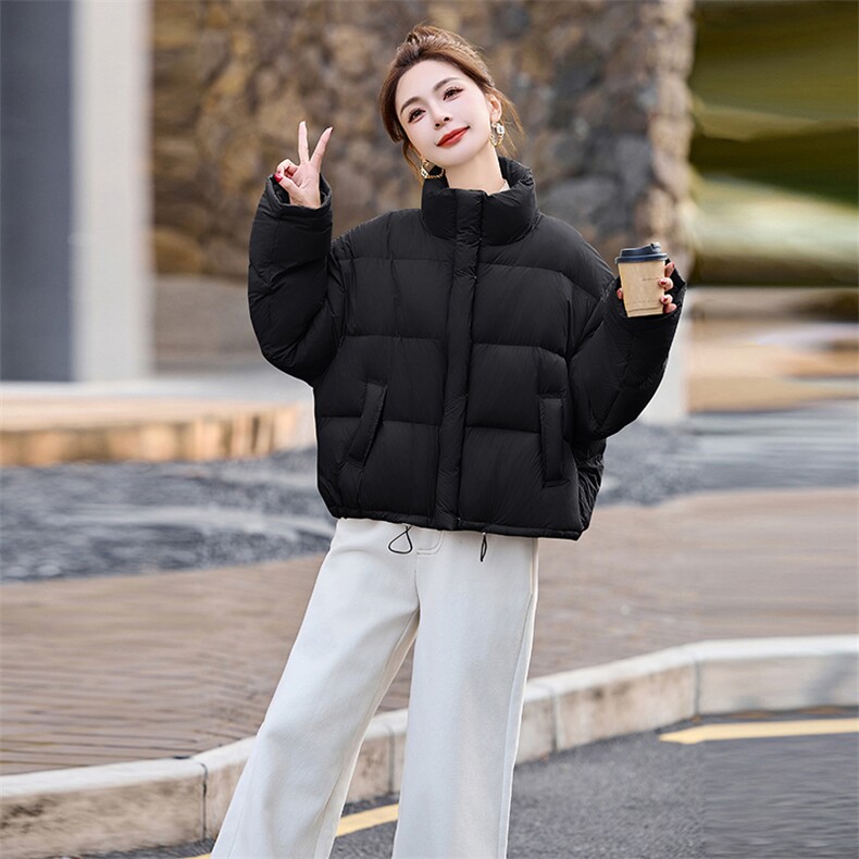 色羽绒服宽松短款外套2024冬装立领抽绳简约显白面包服女,女装羽绒服,雅佳俏