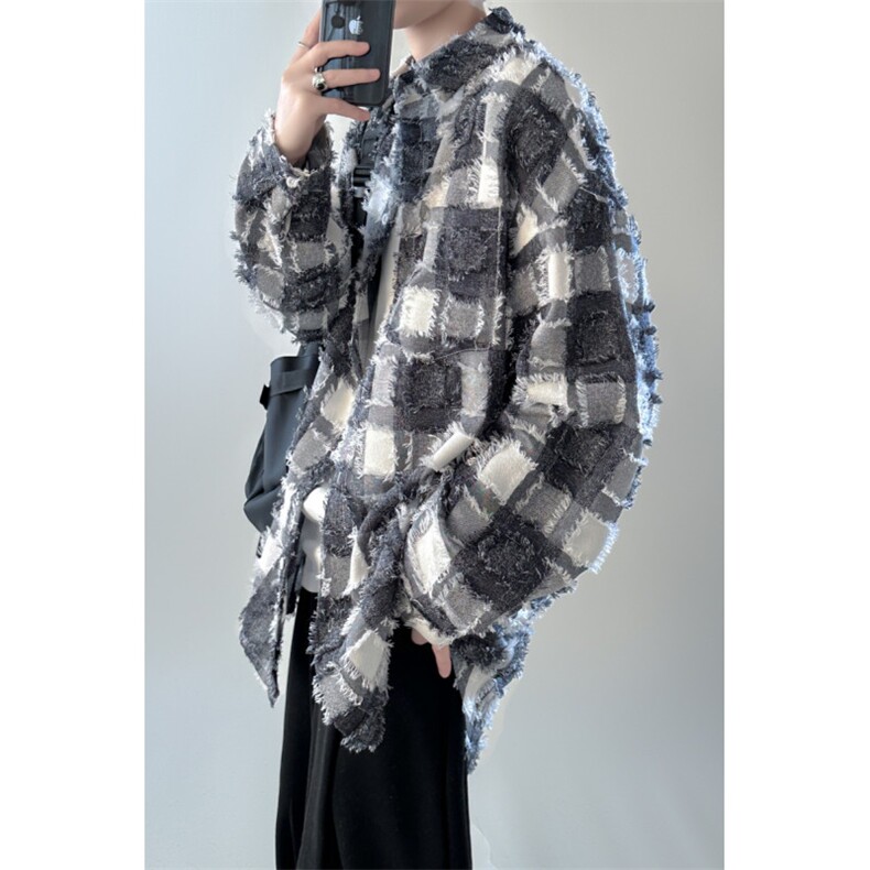 1506/QC30130/P44夏季小众流苏男时髦拼色格子网红宽松半袖衬衣,男装T恤,星座1506