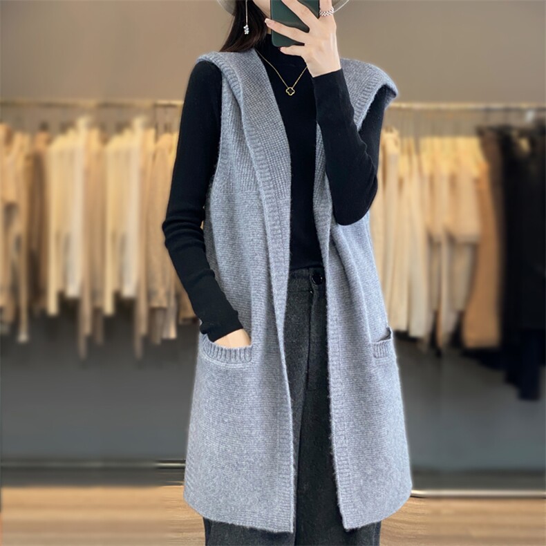 2024秋冬新款羊毛衫女连帽无袖马甲中长款毛衣宽松开衫,女装马甲,邦太羊绒