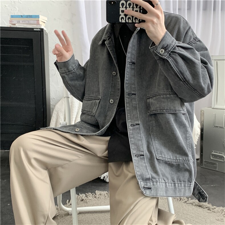 复古夹克男士烟灰色牛仔衣ins潮牌百搭褂子百搭潮流秋季外套,男装夹克,星座601-1