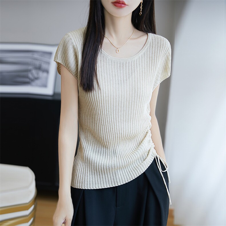 亚麻+莱赛尔天丝小飞袖圆领针织短袖t恤女抽绳三分袖坑条新款上衣,针织衫/毛衣,朝思羊绒