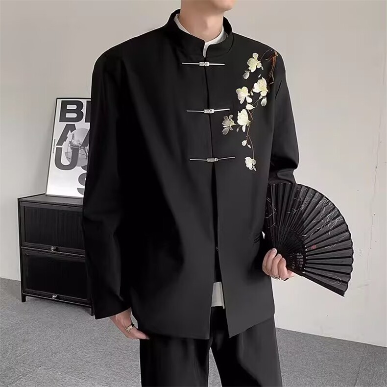 新中式重工刺绣玉兰花中山装男立领盘扣唐装便服金属扣西服薄外套图片