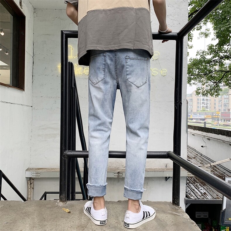 牛仔裤秋季精神小伙韩版潮牌修身9分小脚潮男休闲百搭浅色裤子p45,男装牛仔裤,星座410-6（原星座1304-1）