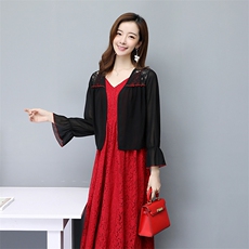 2023年蕾丝衫/雪纺衫涤纶纯色百搭V领件短袖开衫短款，女装蕾丝衫/雪纺衫，婵米儿