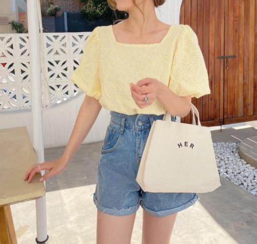 棉布刺绣泡袖上衣，女装，新袖