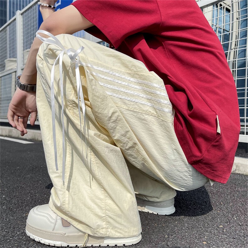 夏男冰丝复合褶皱四条杠条纹蝴蝶结束脚长裤h4000 P50图片