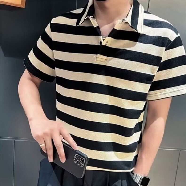 撞色条纹polo衫短袖男士夏季新款翻领T恤ins潮牌痞帅休闲半袖体恤,男装Polo衫,星座506A